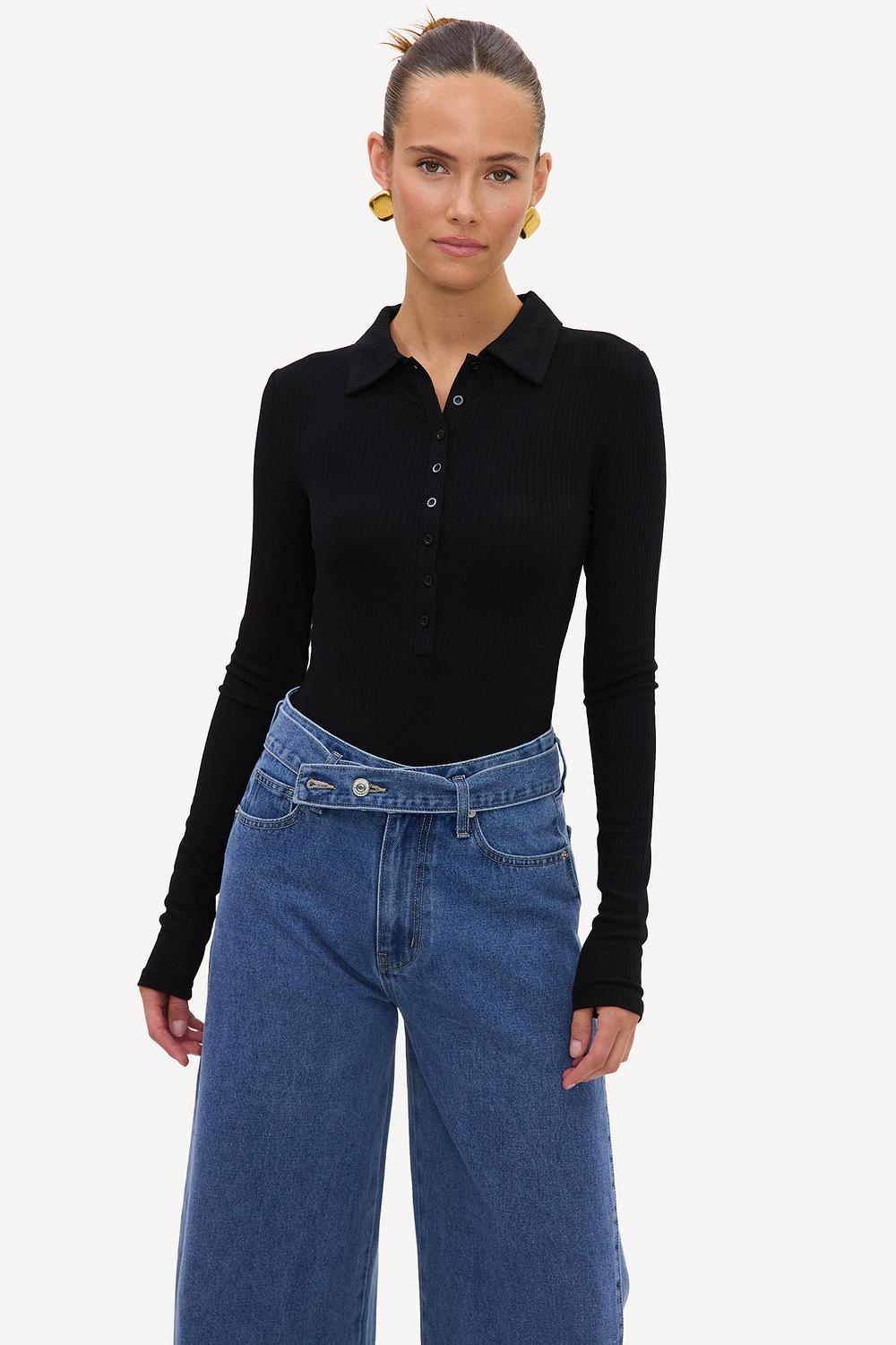 Black long-sleeved bodysuit with buttons