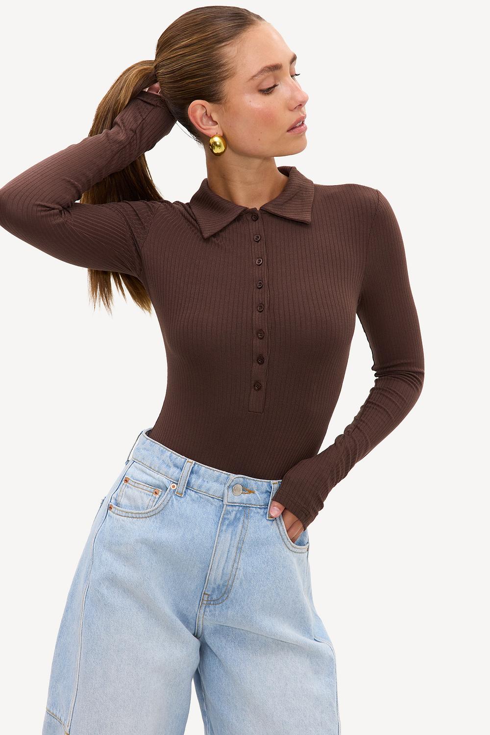 Brown long-sleeved bodysuit with buttons