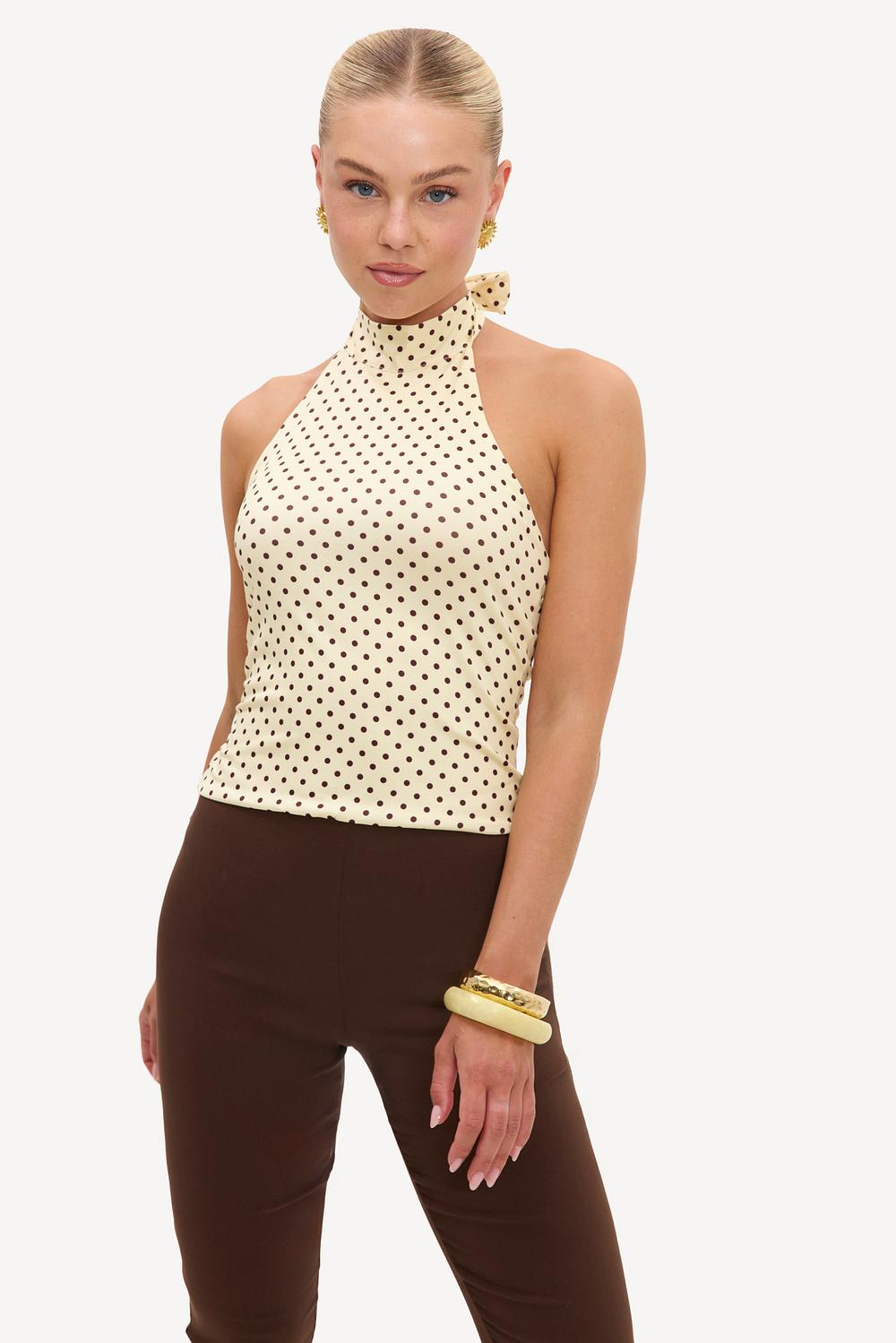Butter-yellow halter top with brown polka dots