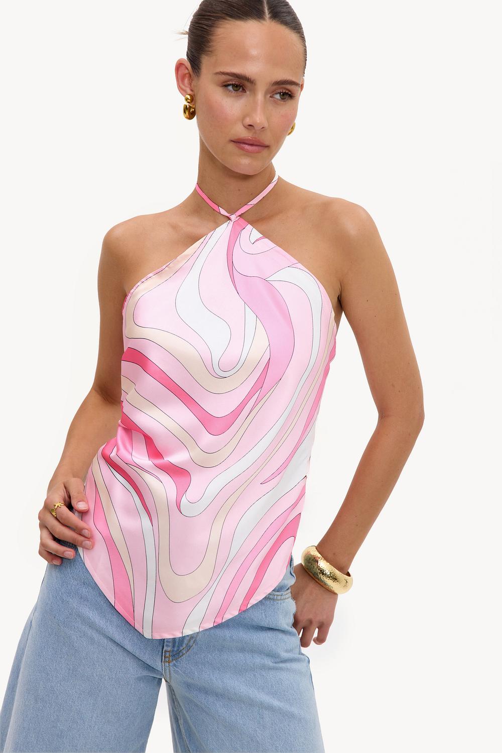 Pink halter top with coloured swirls