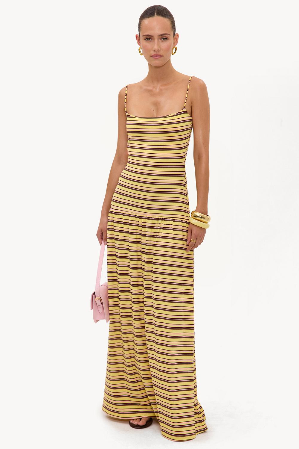 Vestido largo amarillo a rayas
