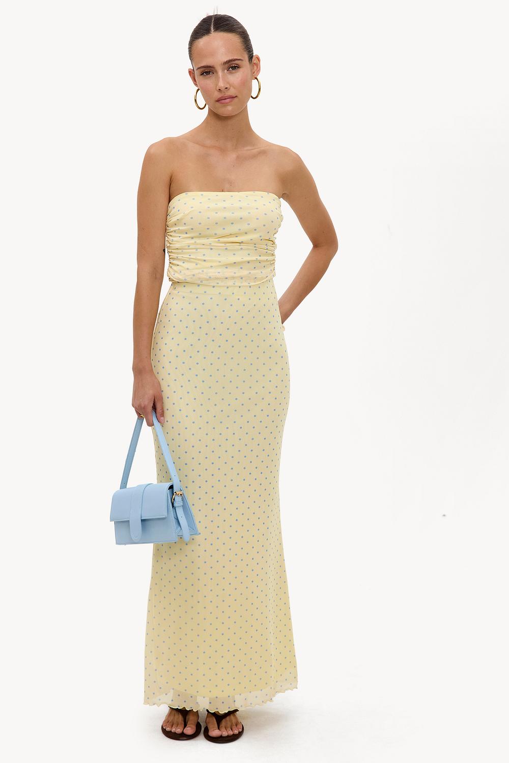 Jupe longue jaune à pois bleus