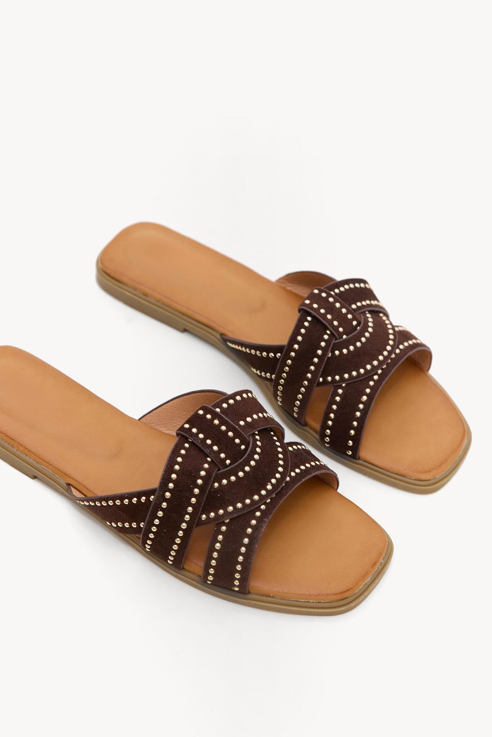Dark brown suede-look slippers with studs