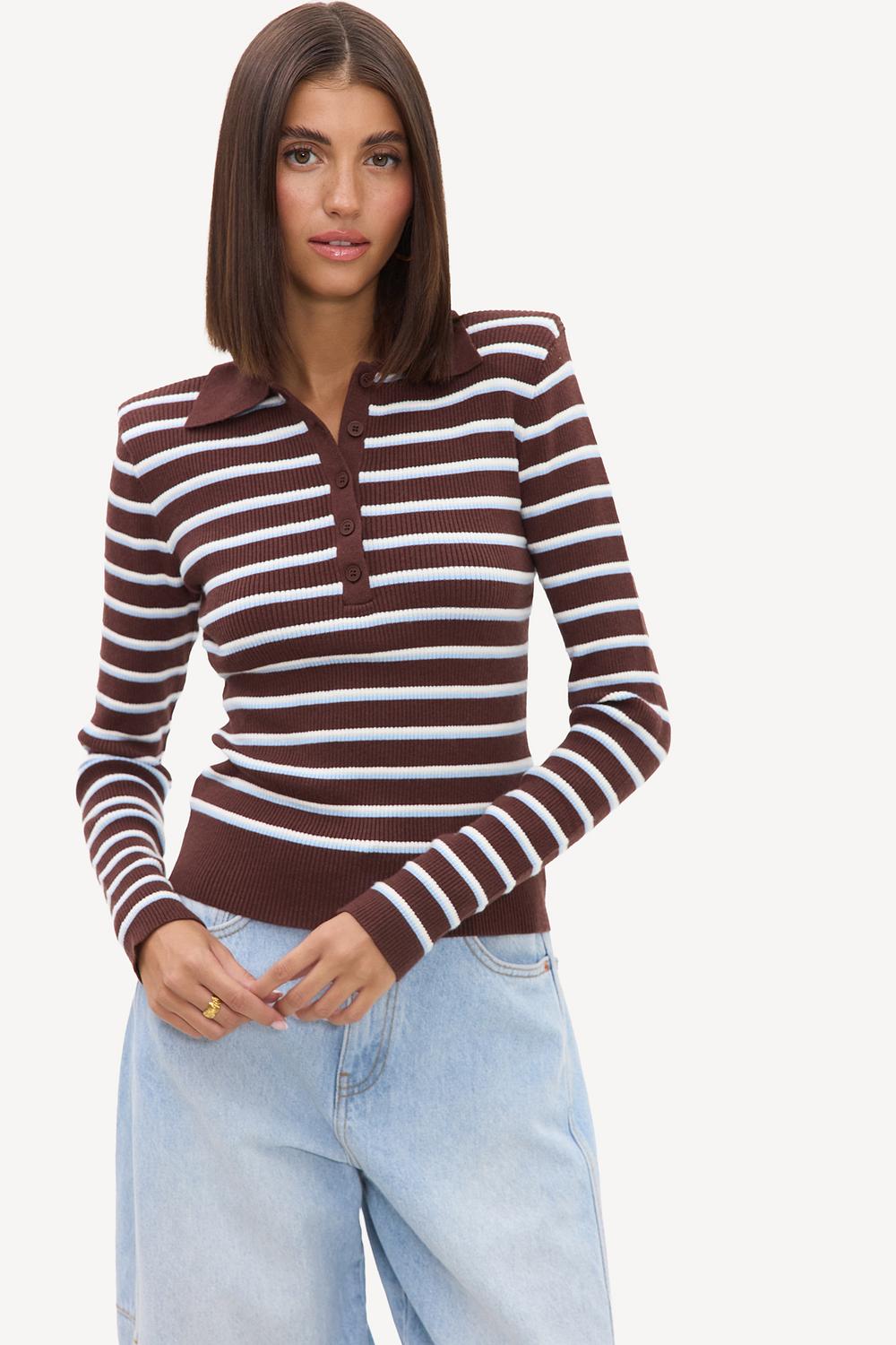 Brown long-sleeved top with white and blue stripes