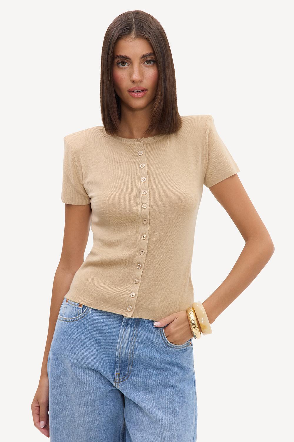 Camel-colored short-sleeved top with buttons