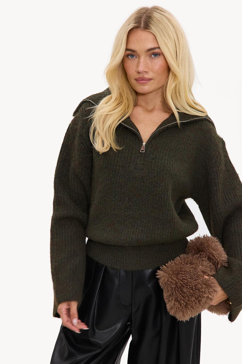 Pull vert foncé à fermeture éclair