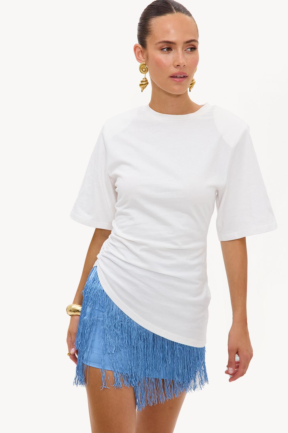 Blauwe mini rok met franjes