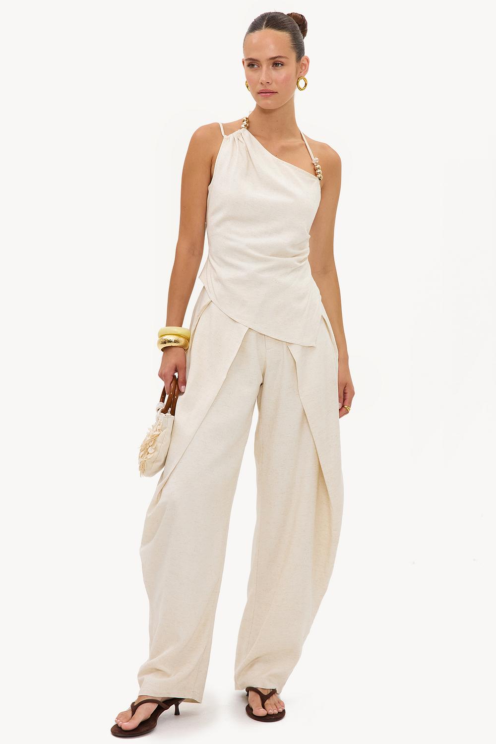 Beige linen balloon trousers with wrap detail