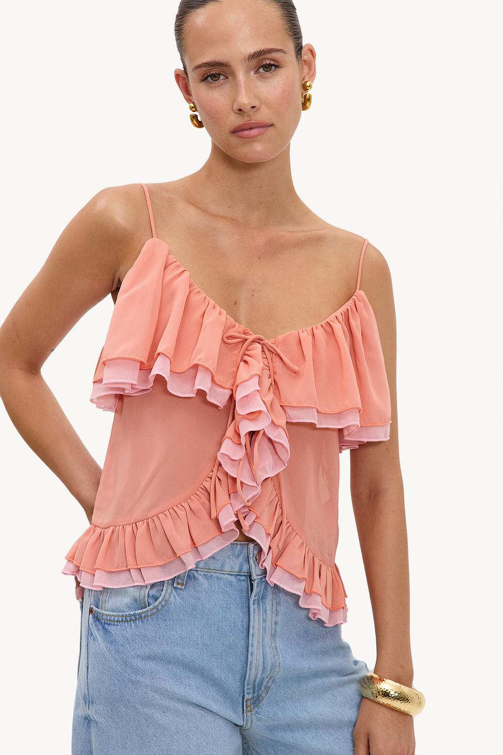 Coral-coloured top with ruffles