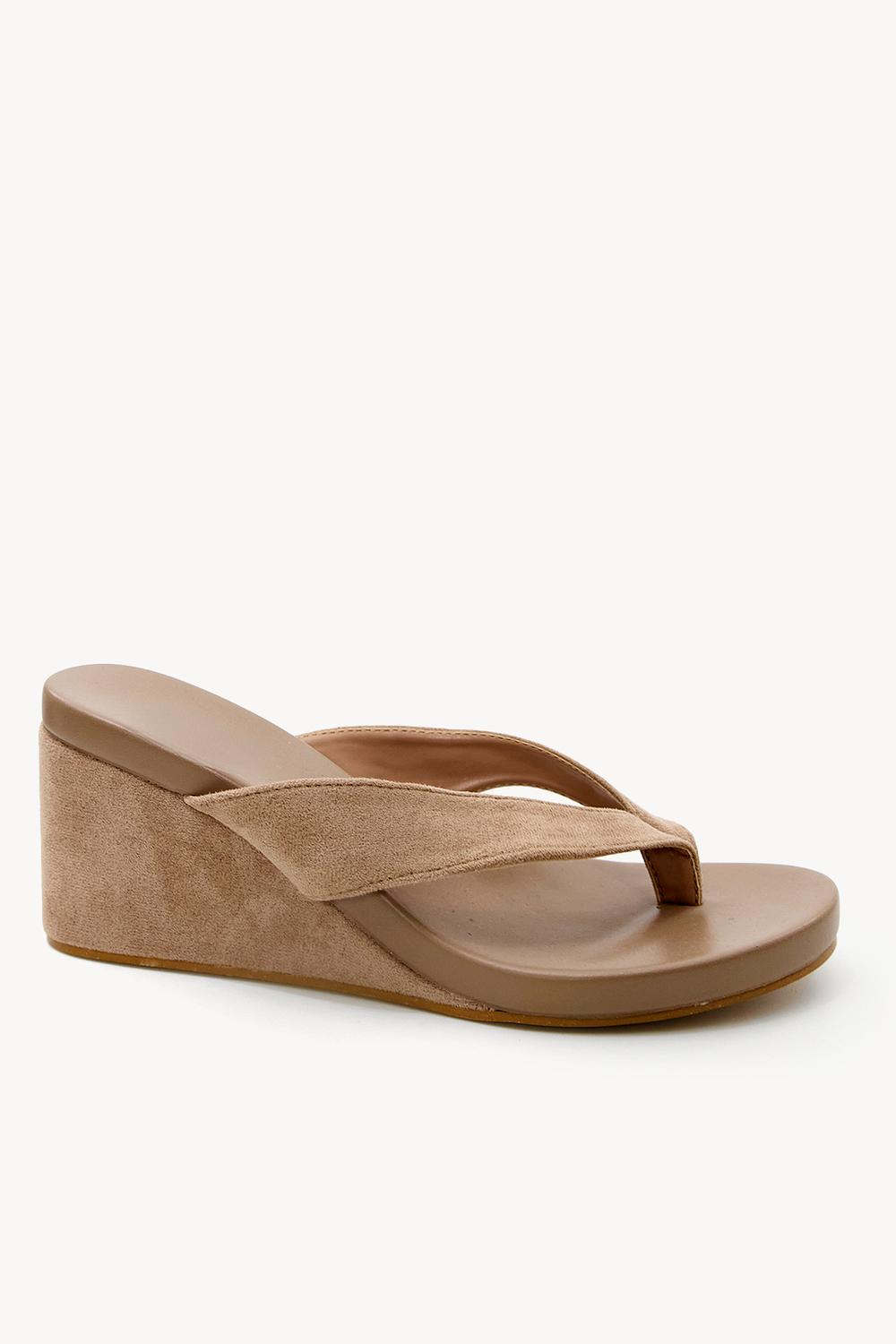 Beige suede-look wedge sandals