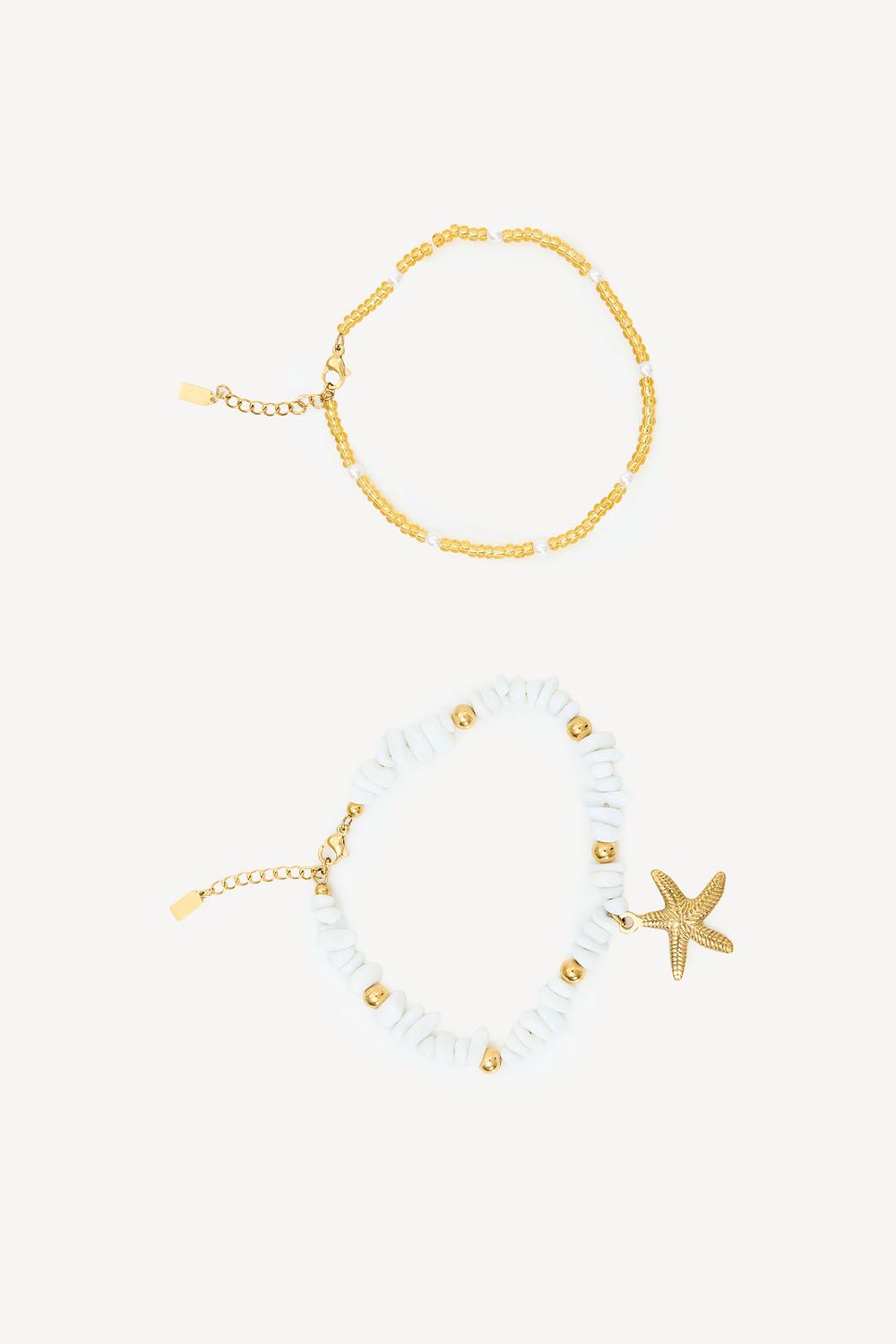 Gold beaded ankle bracelets with starfish charm 2-pack