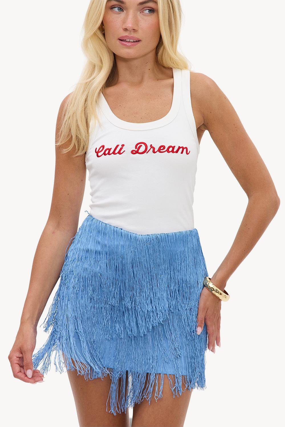 White tank top with red lettering