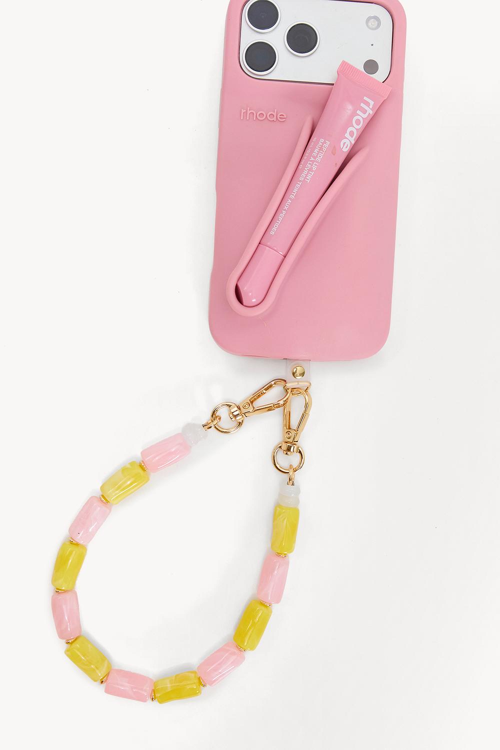 Lanière de téléphone en perles jaunes et roses