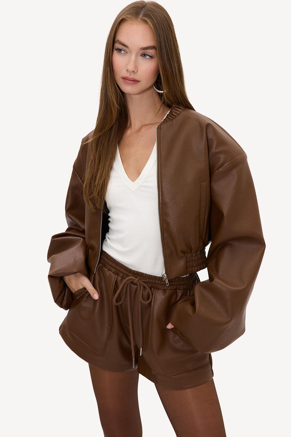 Brown cropped bomber jacket with a leather-like finish
