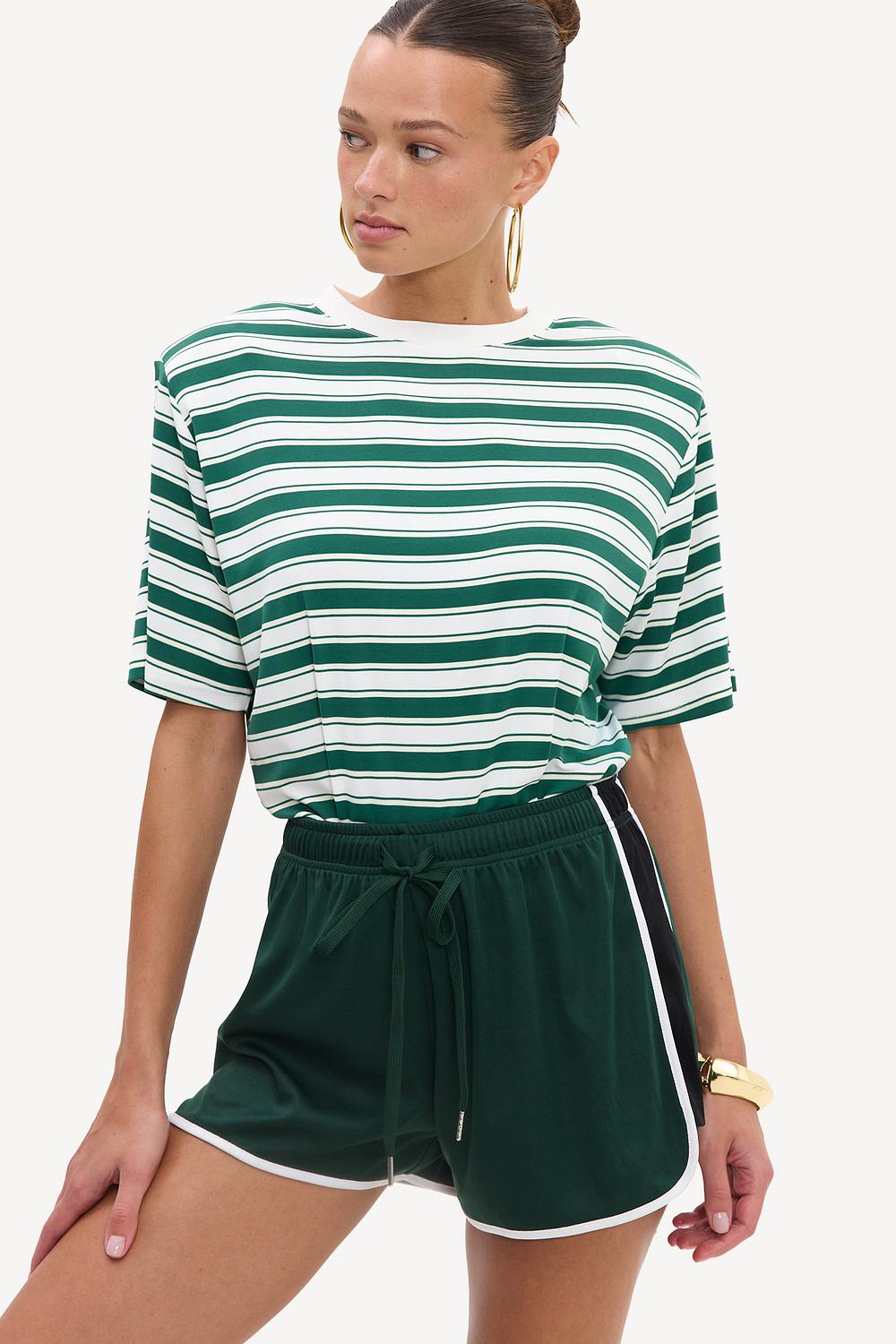 Green bodysuit with stripes and shoulder pads