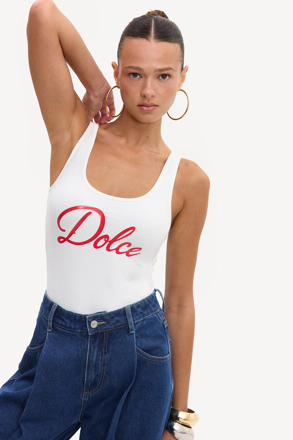White bodysuit with red text