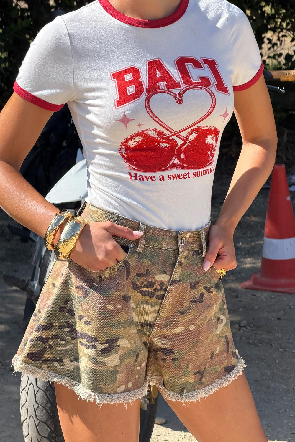 White T-shirt bodysuit with red text