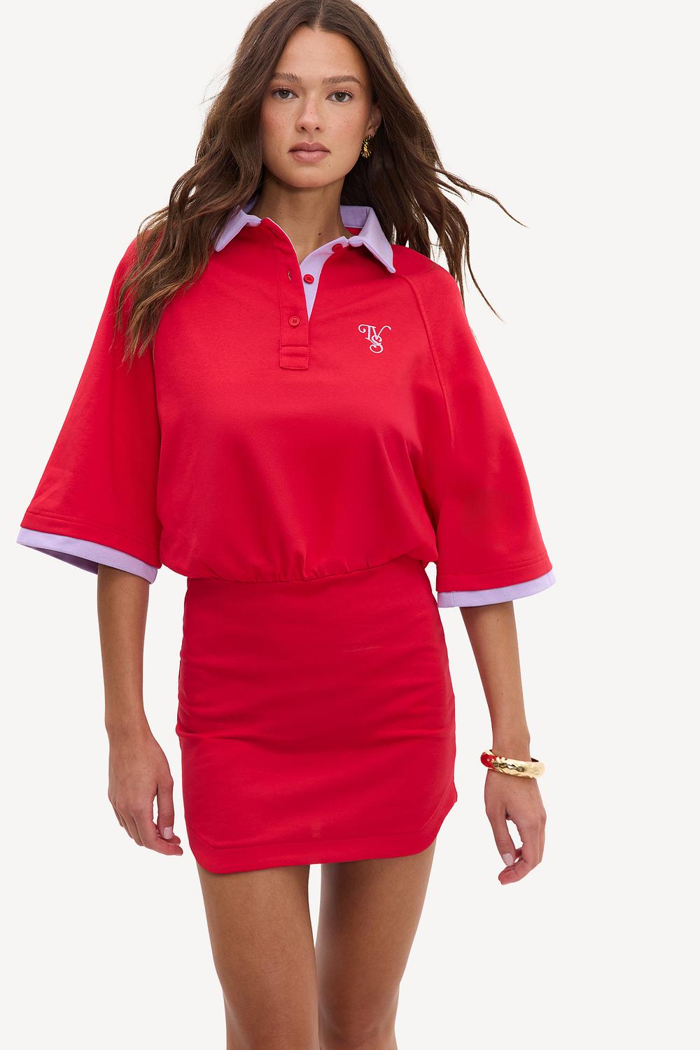 Red polo dress with purple details