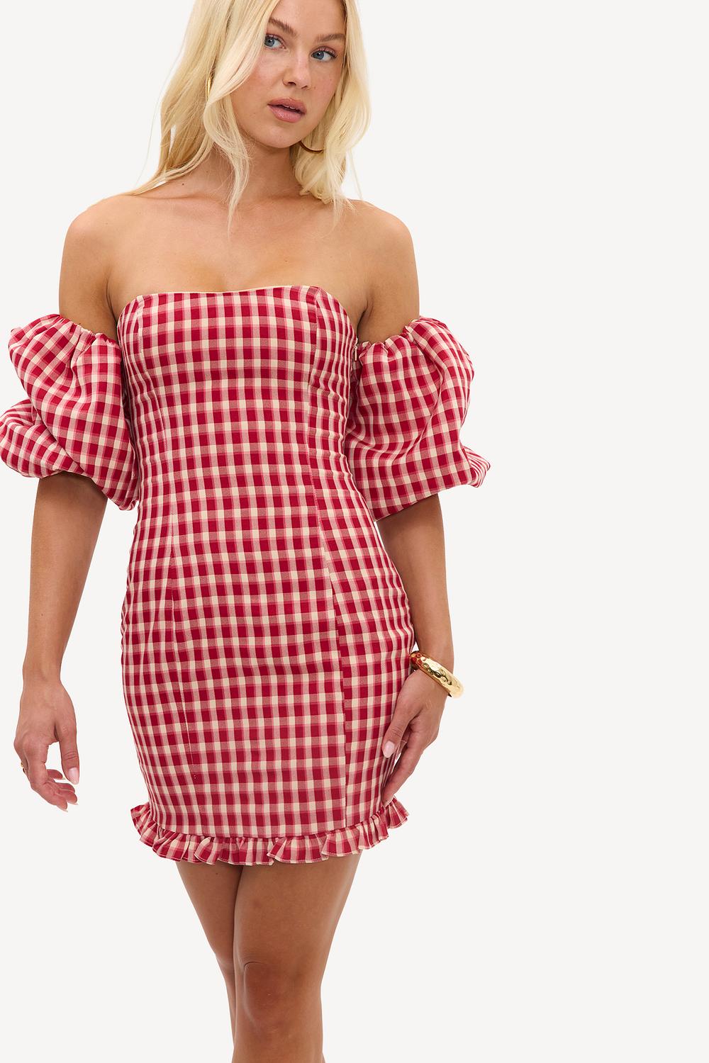 Red off-the-shoulder dress with checks