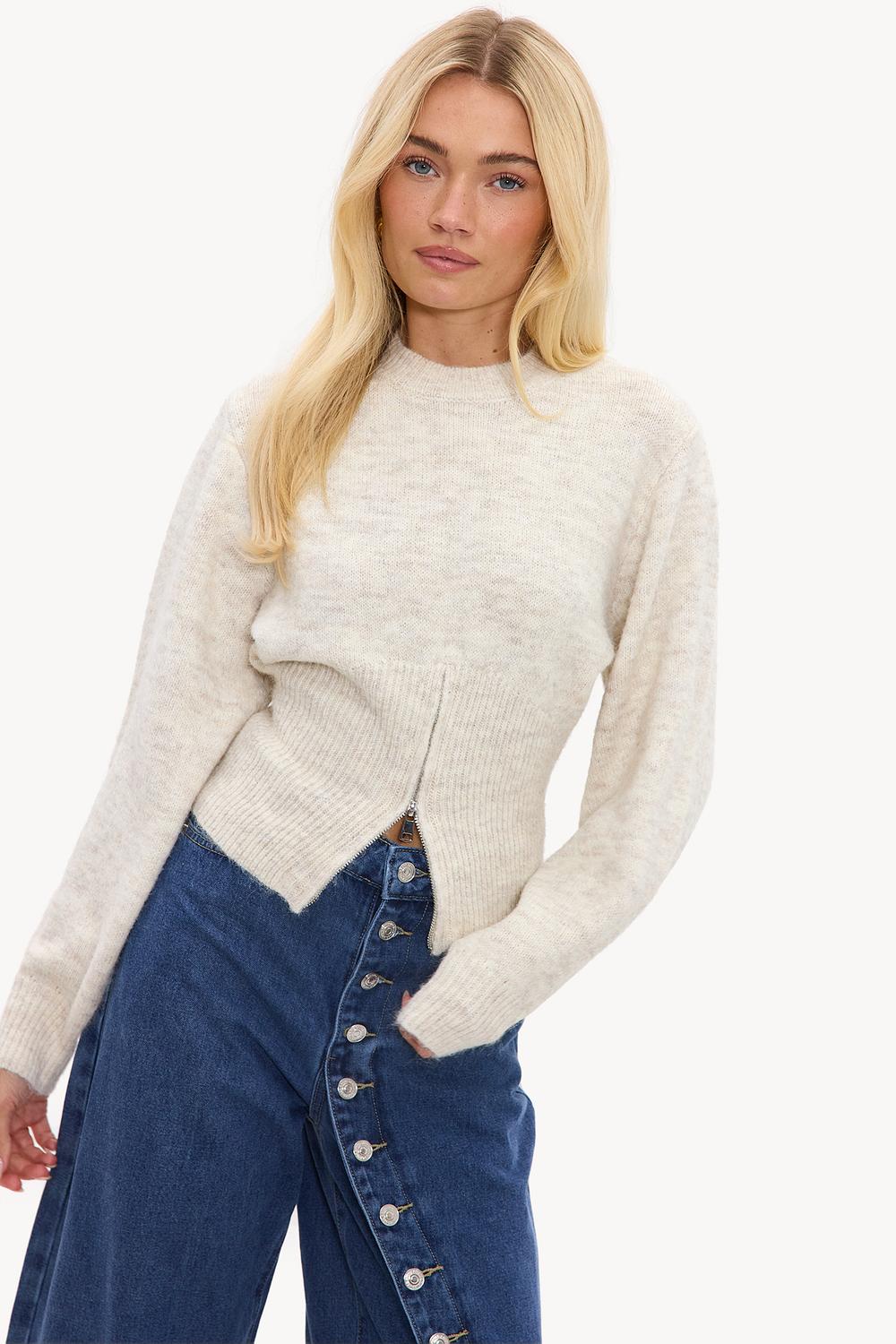 Pull beige clair à fermeture éclair