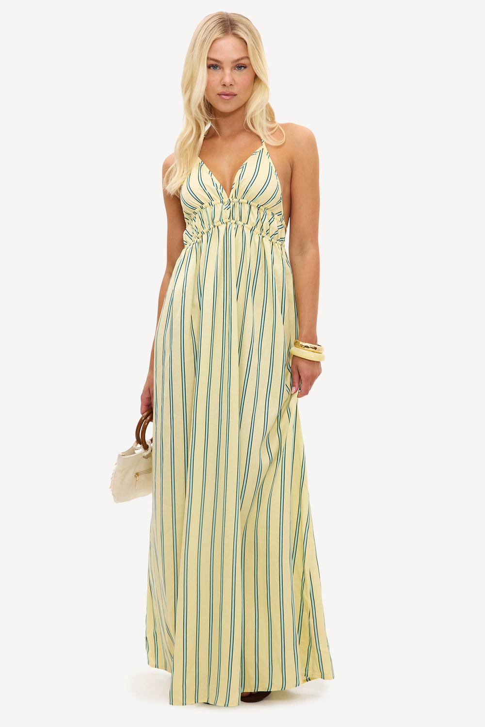 Vestido largo amarillo claro con rayas azules y verdes