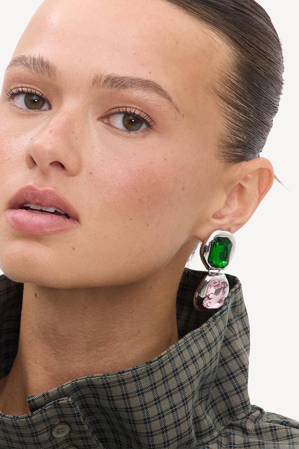 Silver earrings with green and pink stones