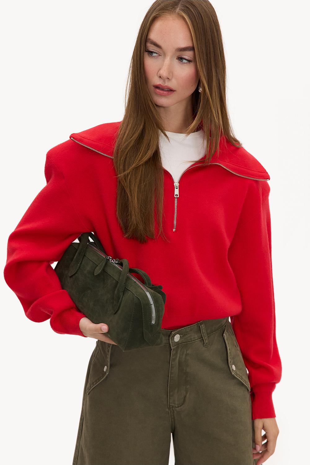 Red jumper with zip and shoulder pads