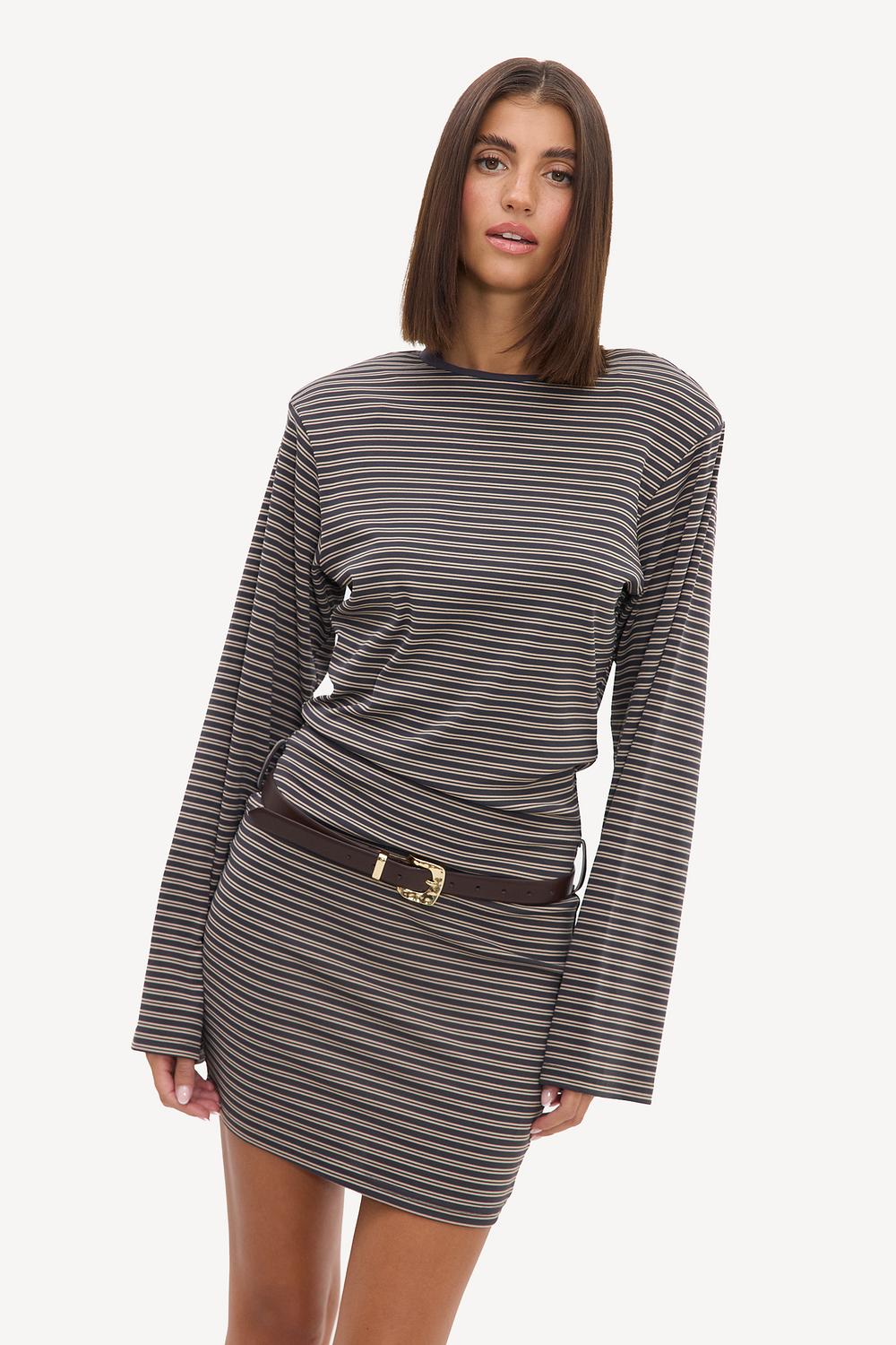 Gray dress with beige stripes and shoulder pads