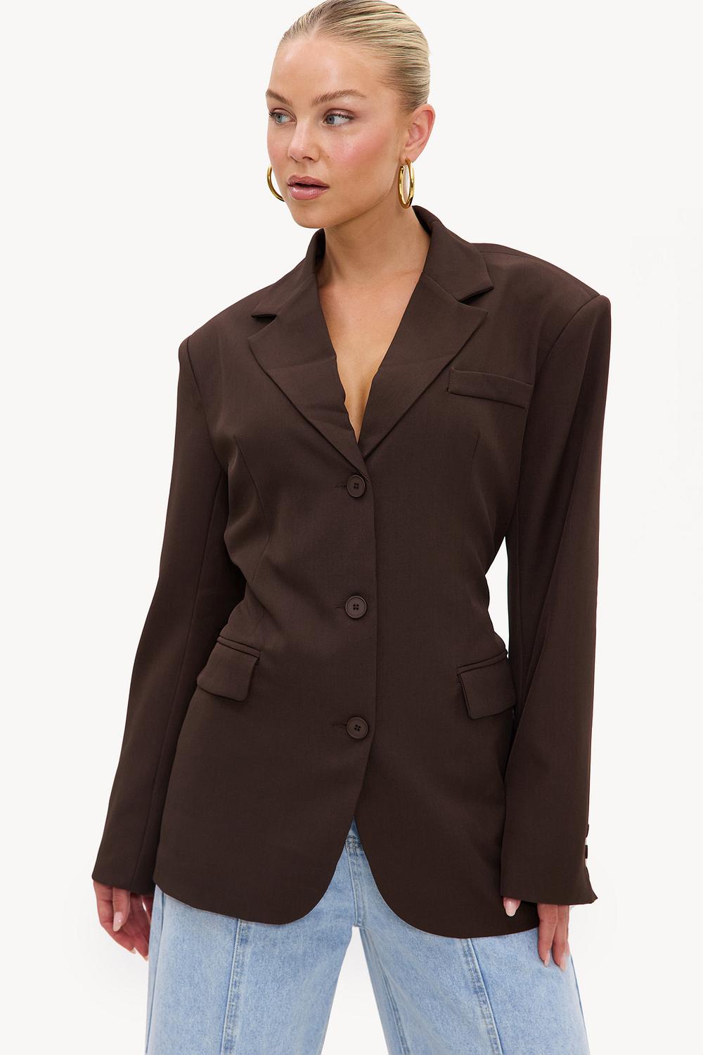 Dark brown blazer dress with shoulder pads