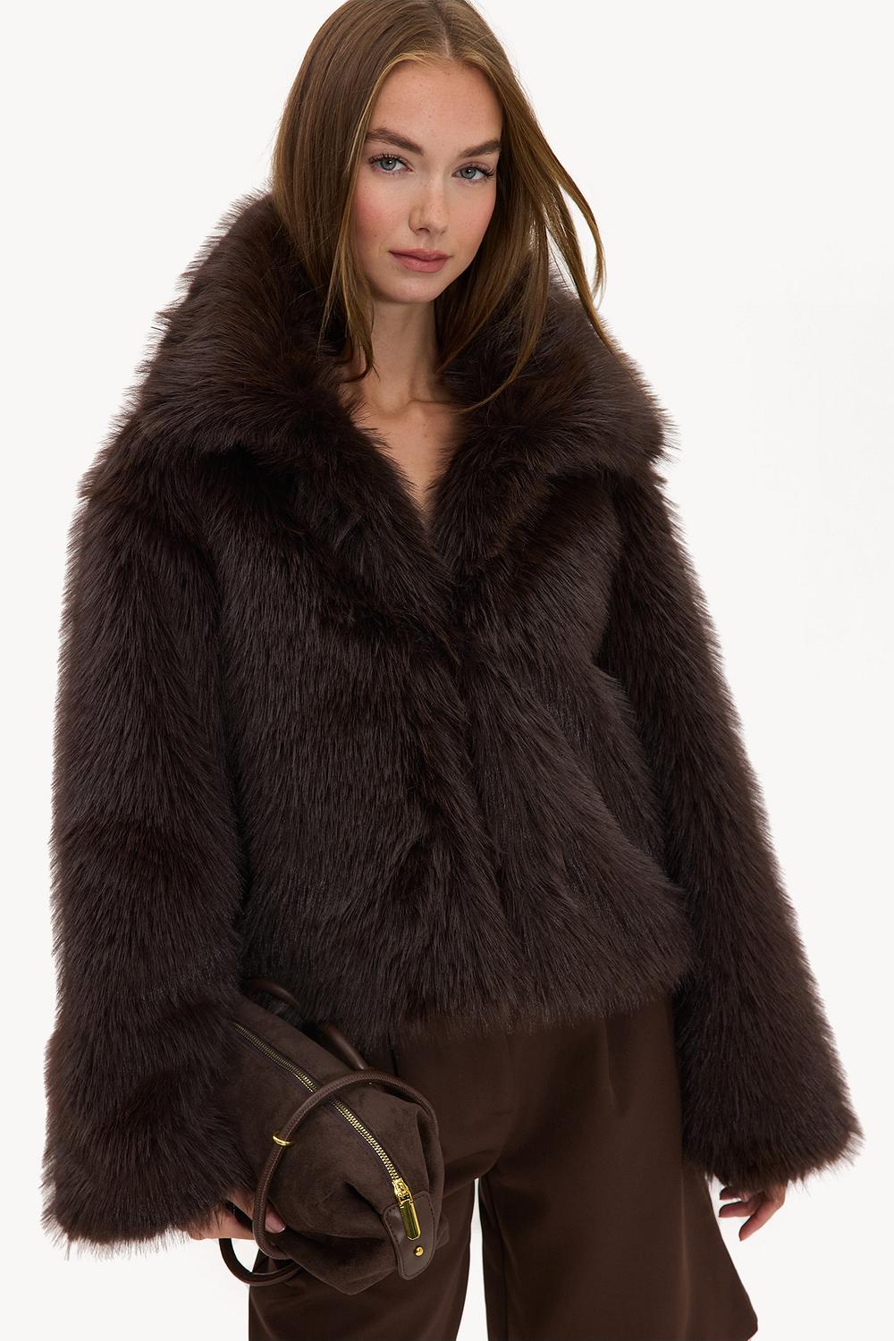 Dark brown faux-fur jacket with collar