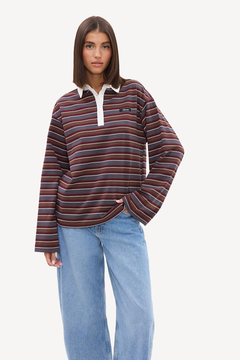 Brown long-sleeve polo shirt with red, gray, and white stripes and logo