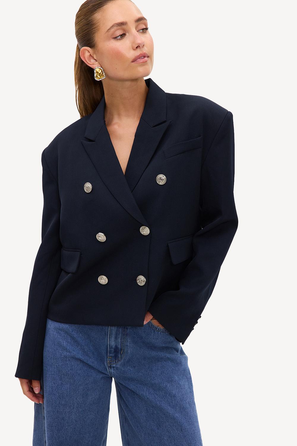 Donkerblauwe blazer met zilveren knopen