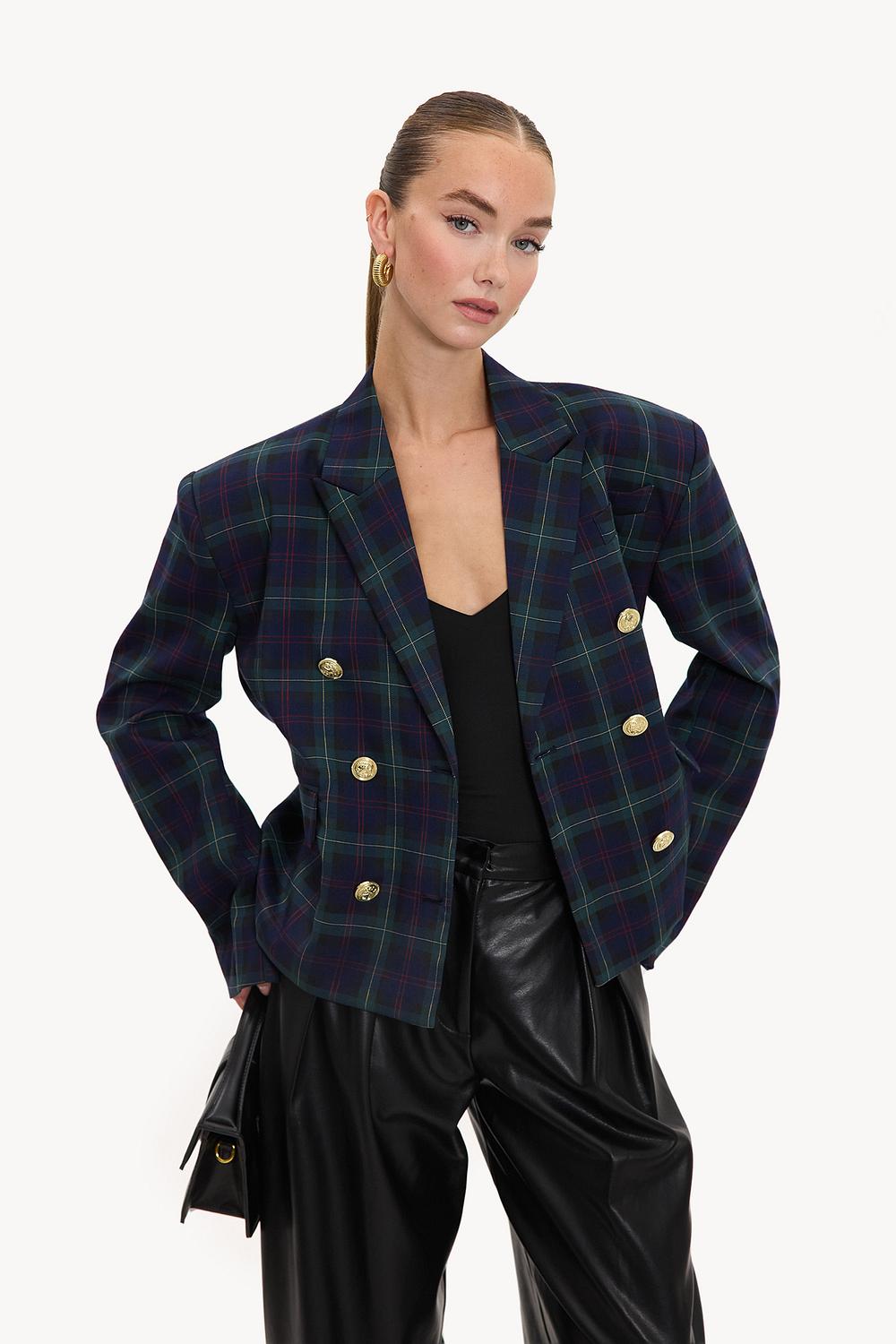 Blazer azul oscuro a cuadros con hombreras