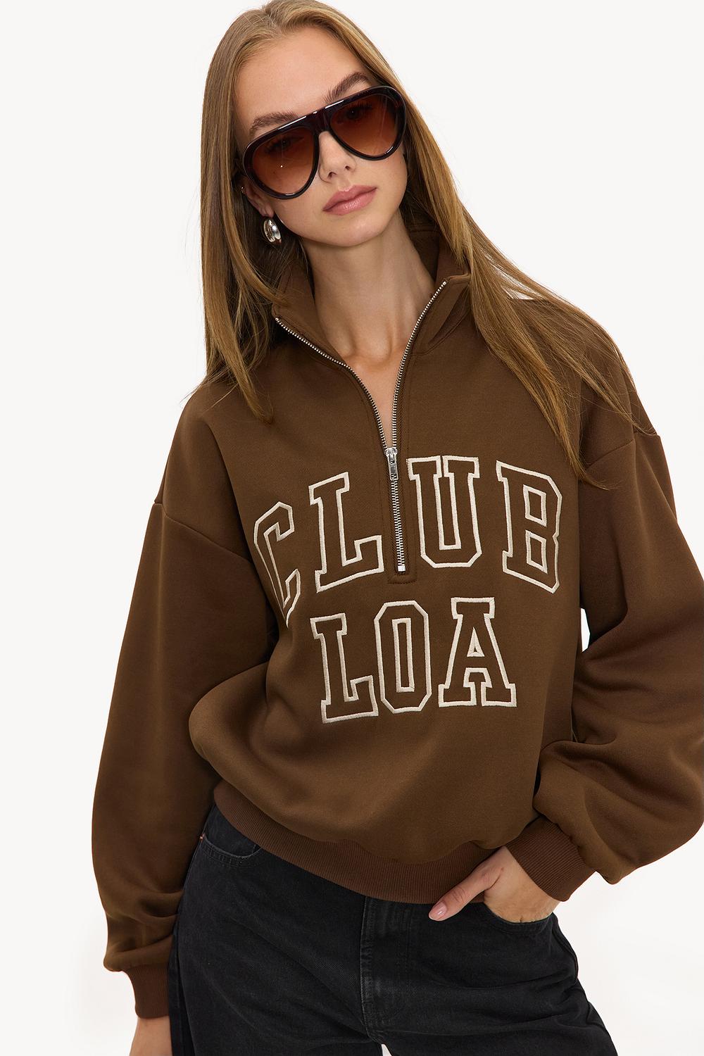 Pull marron avec fermeture éclair et logo