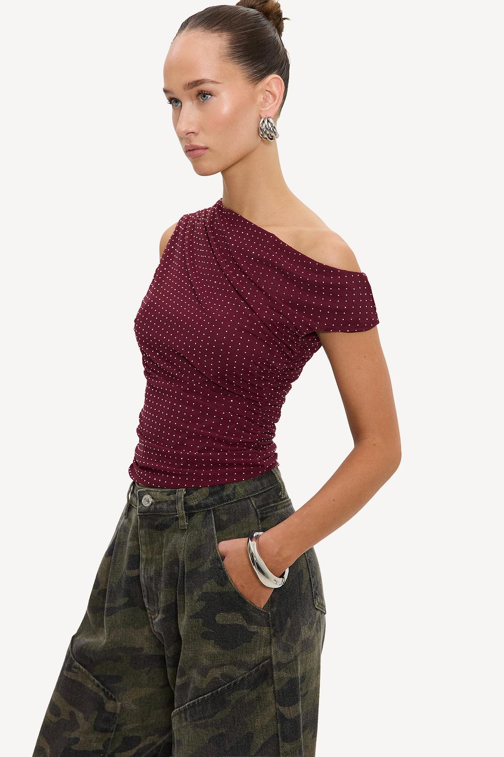 Red off-the-shoulder top with studs