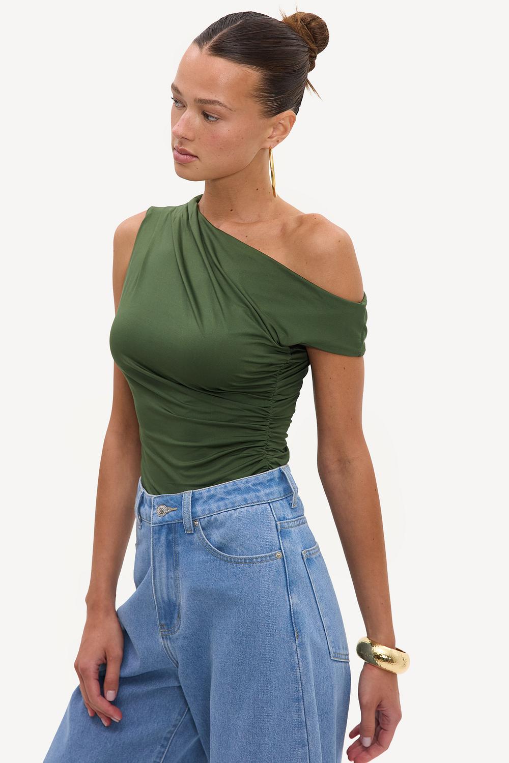 Green off-the-shoulder top