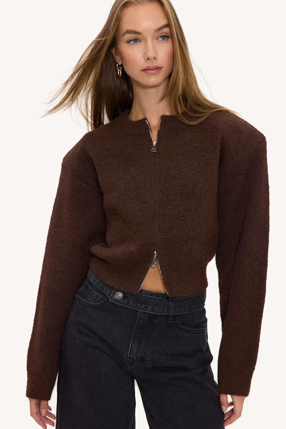 Dark brown cardigan with shoulder pads