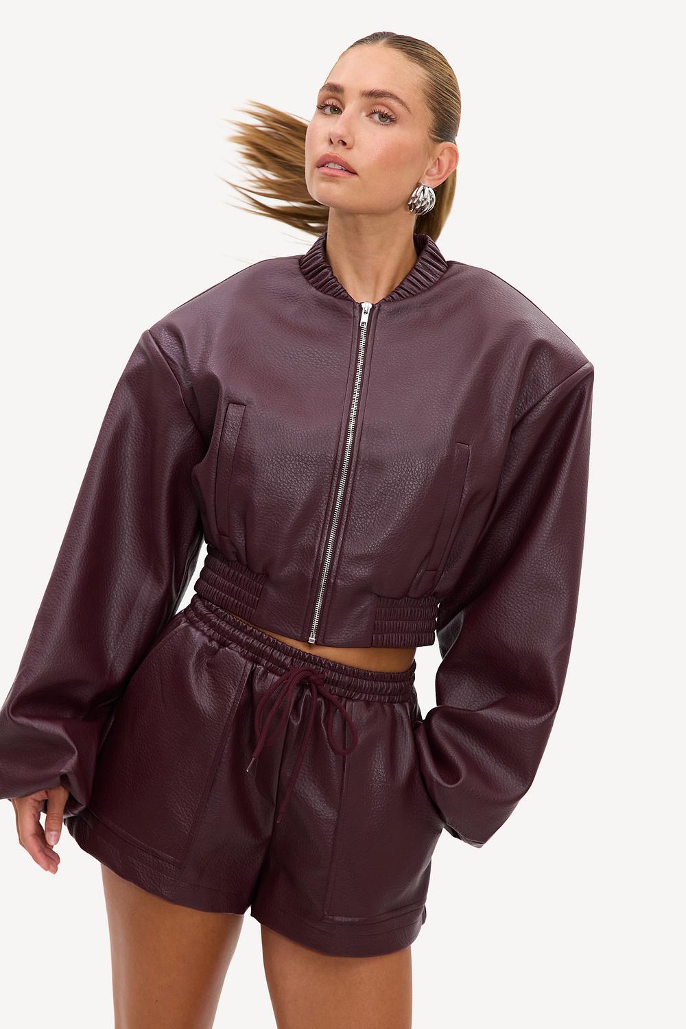 Burgundy faux leather shorts