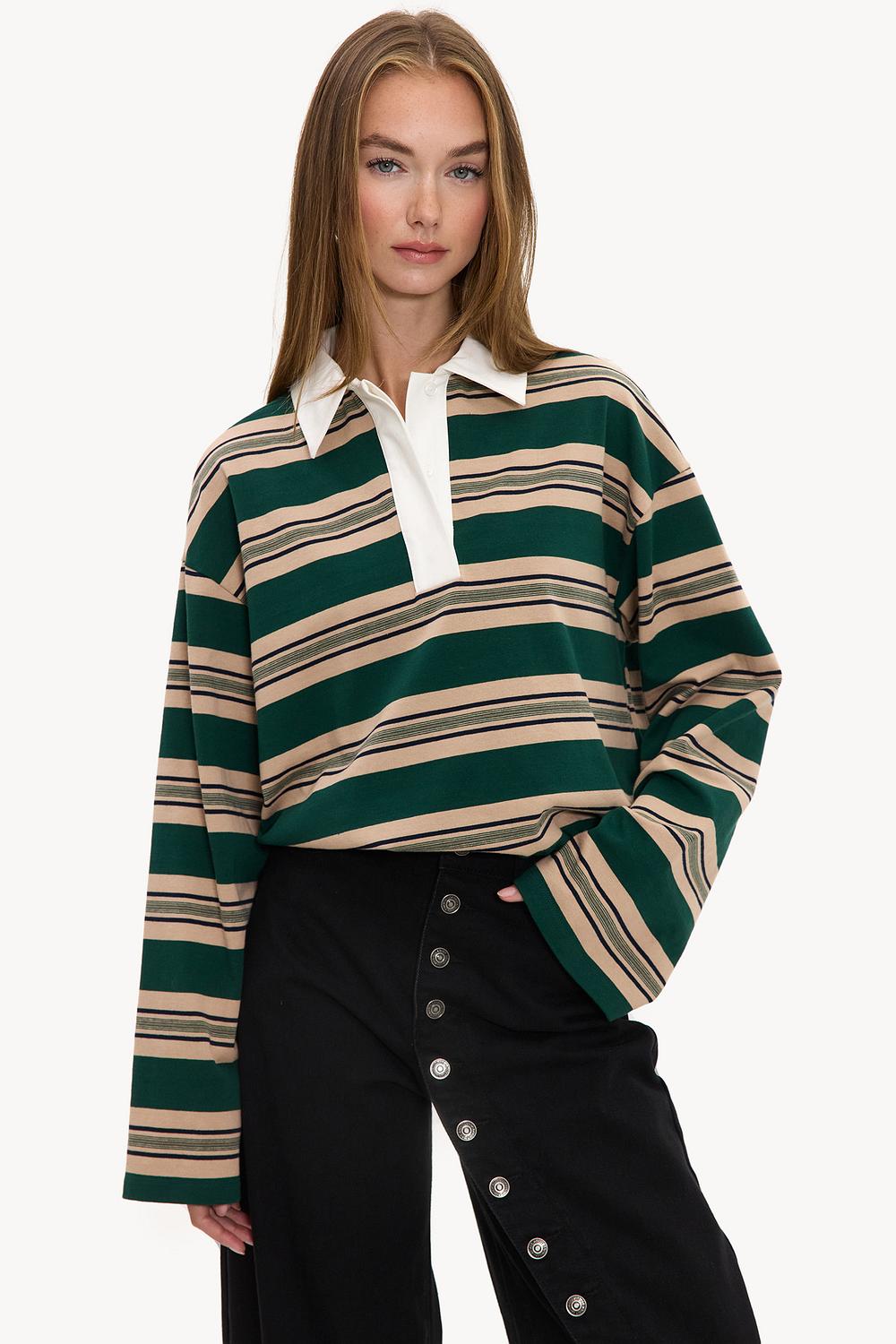 Dark green long-sleeved polo shirt with beige and black stripes
