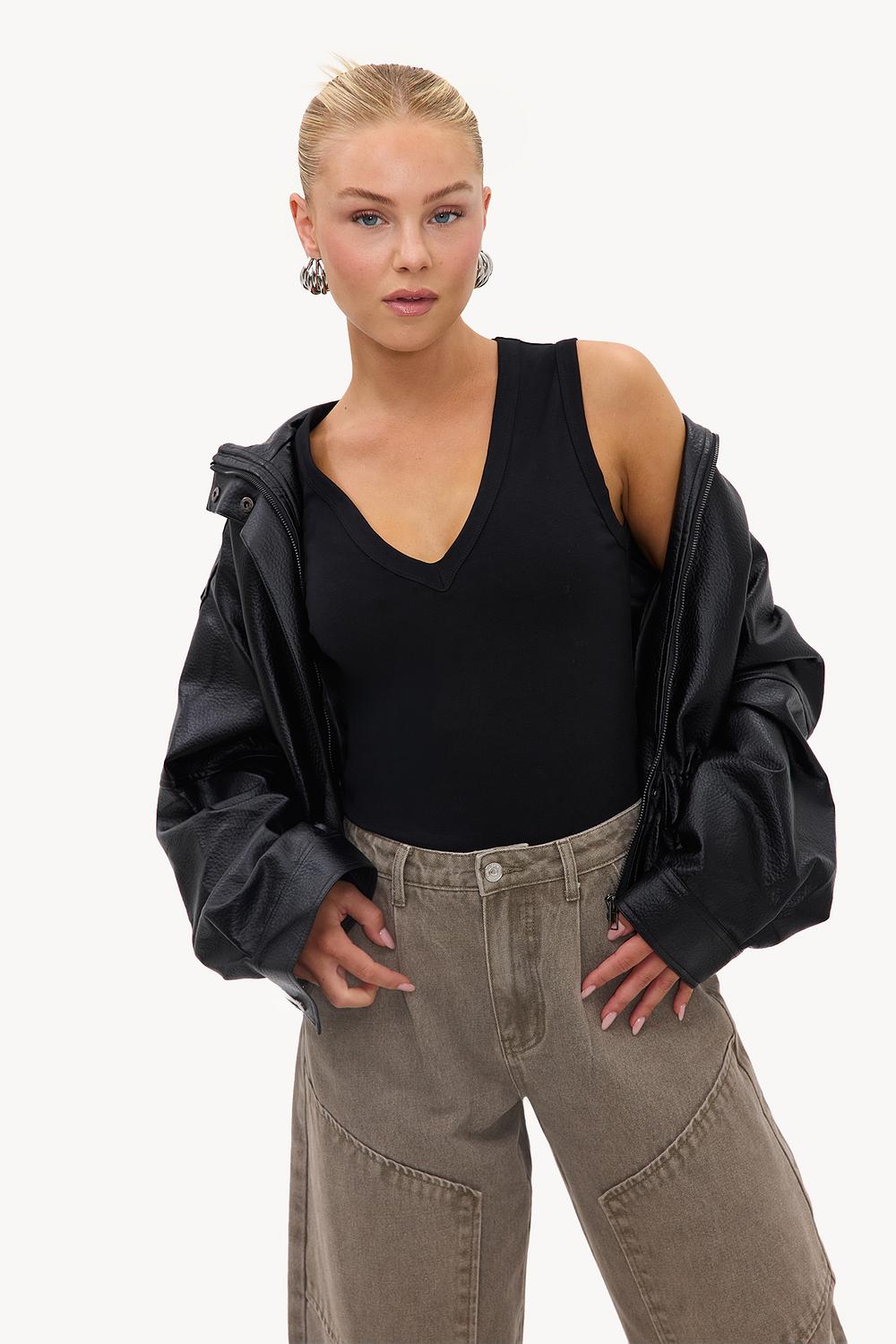 Black V-neck top