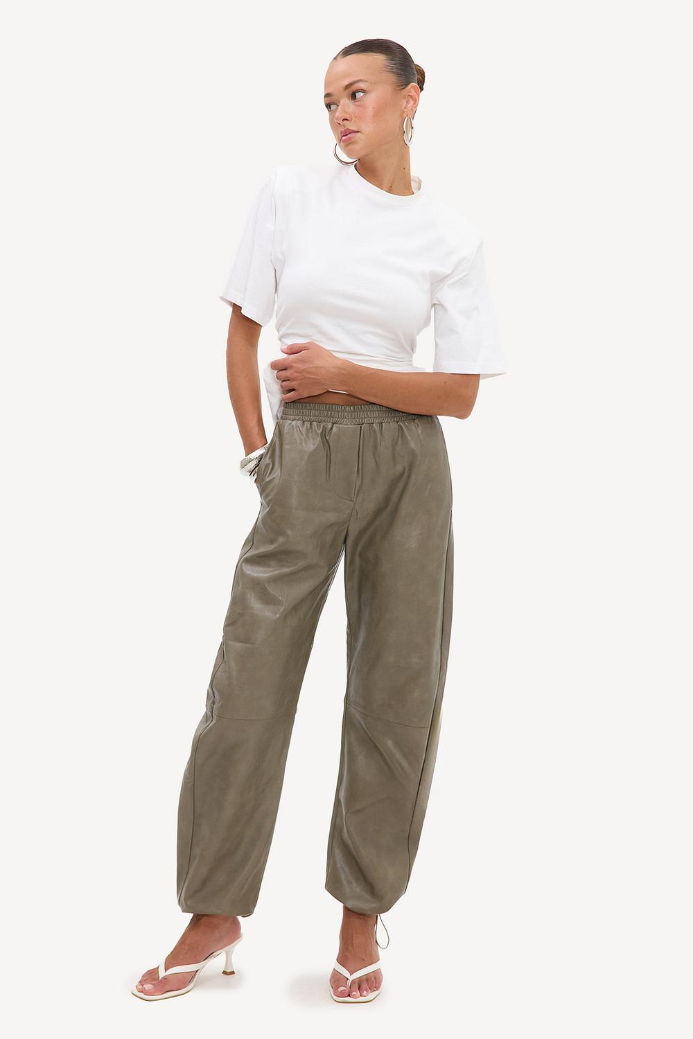 Khaki faux leather joggers