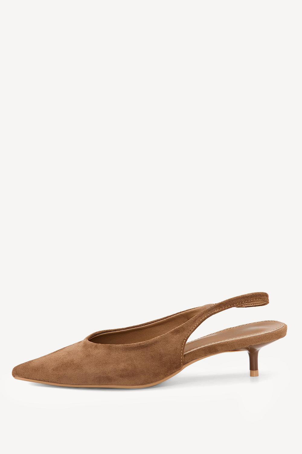 Camel-colored heels with a suede-like finish