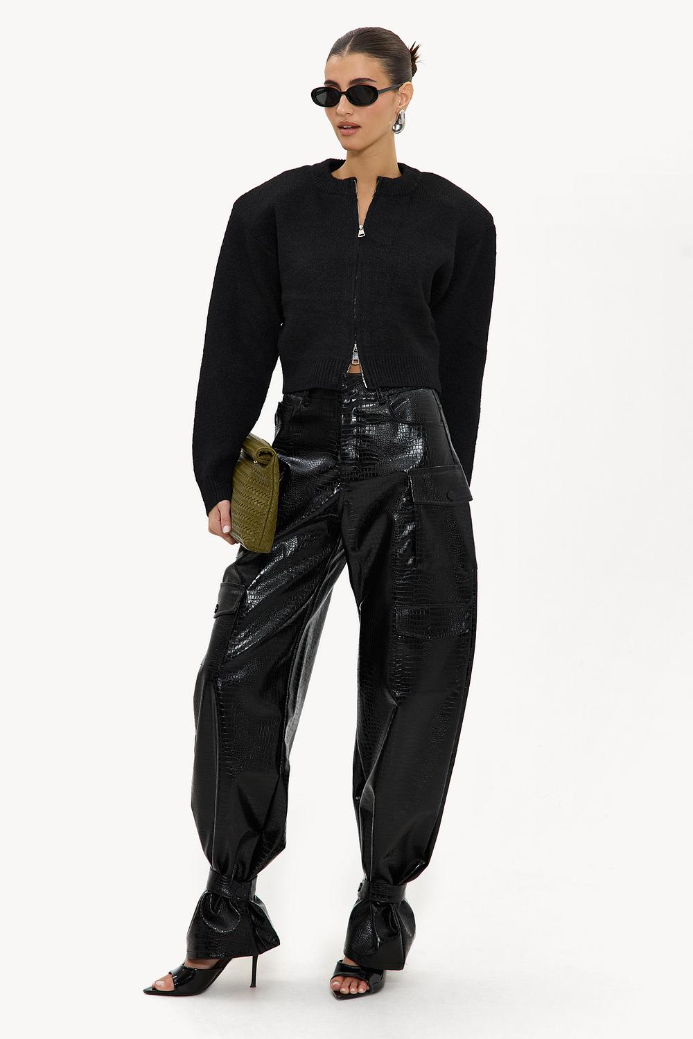 Black PU pants with snake print