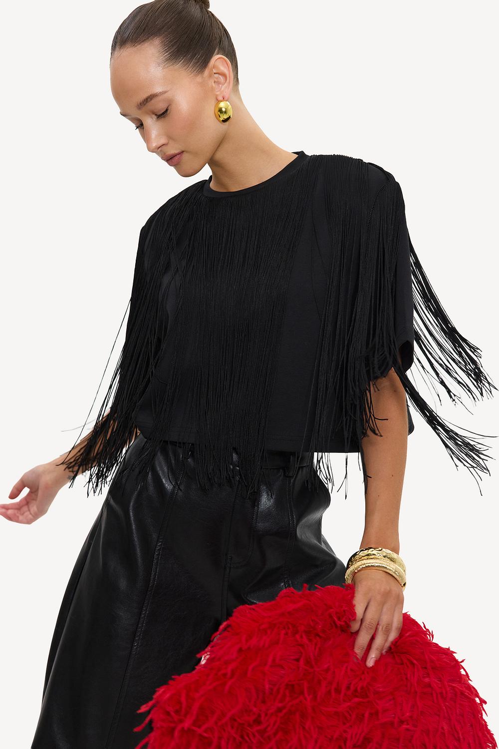 Black cropped shirt with fringe
