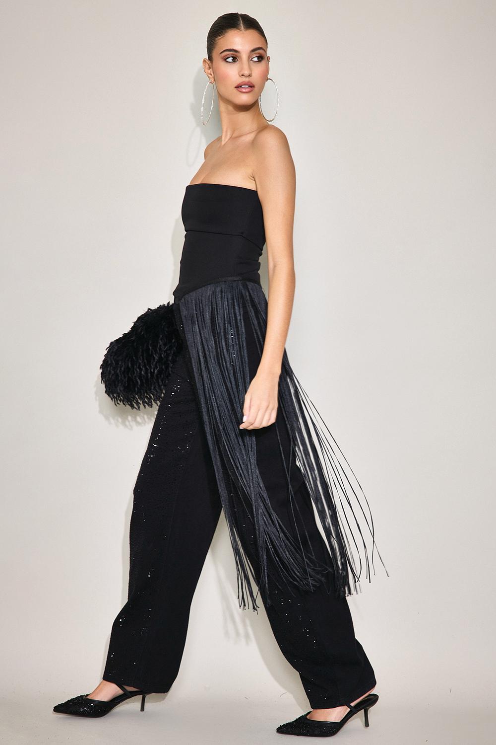 Black strapless top with fringe