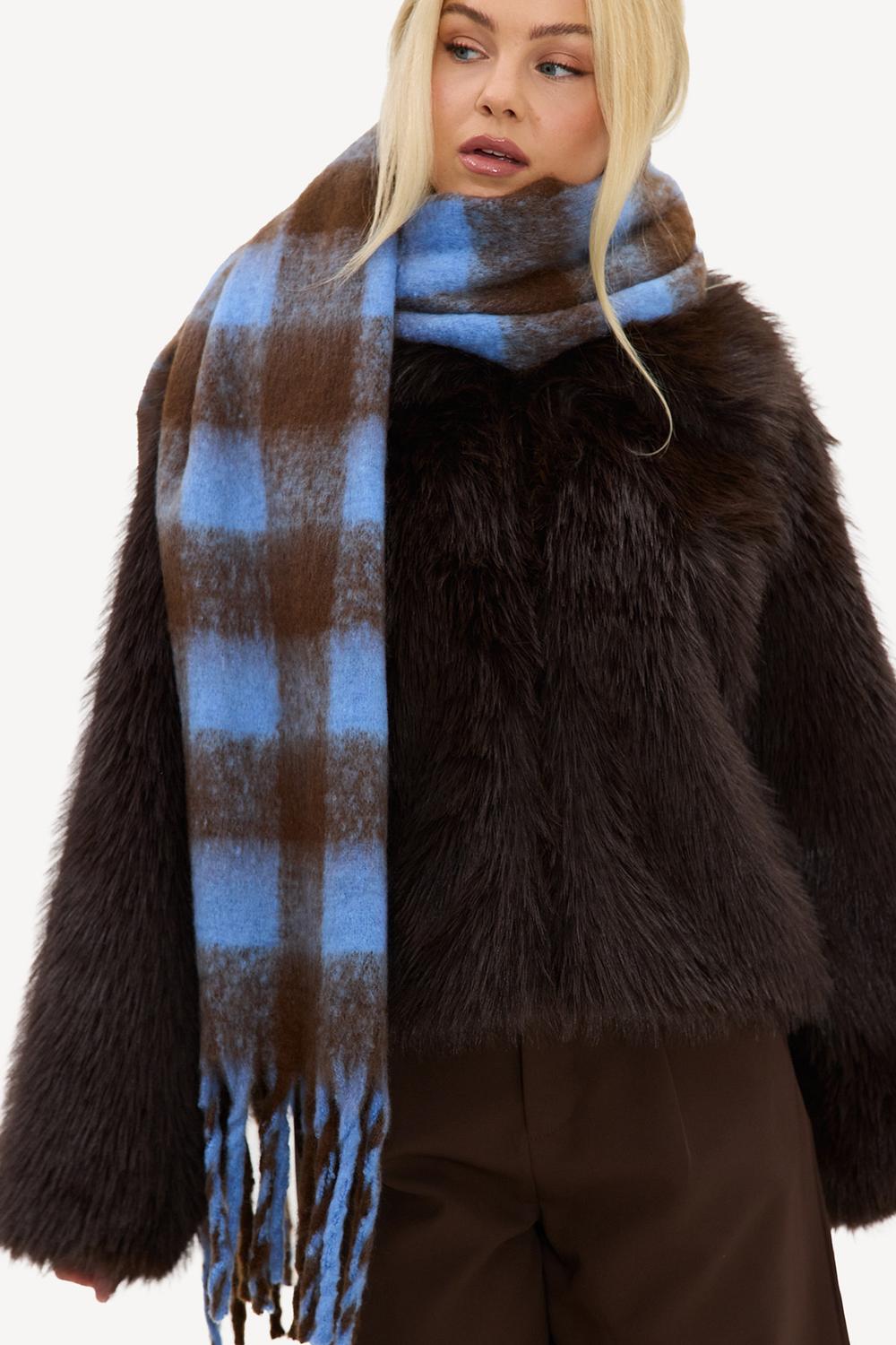 Blue and brown scarf with a checkered print