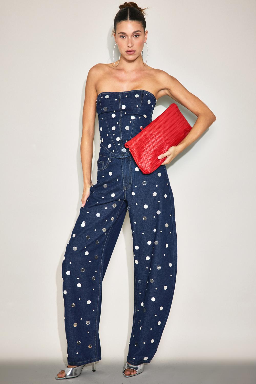 Pantalones vaqueros de talle alto azul oscuro con lentejuelas