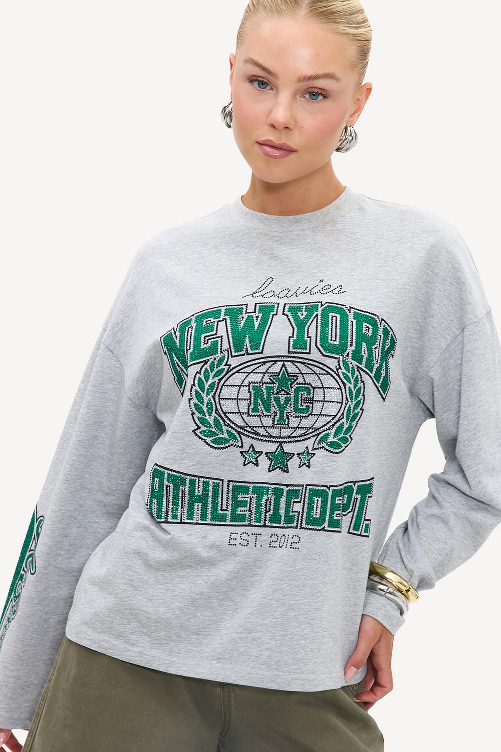 Gray long-sleeve shirt with rhinestones