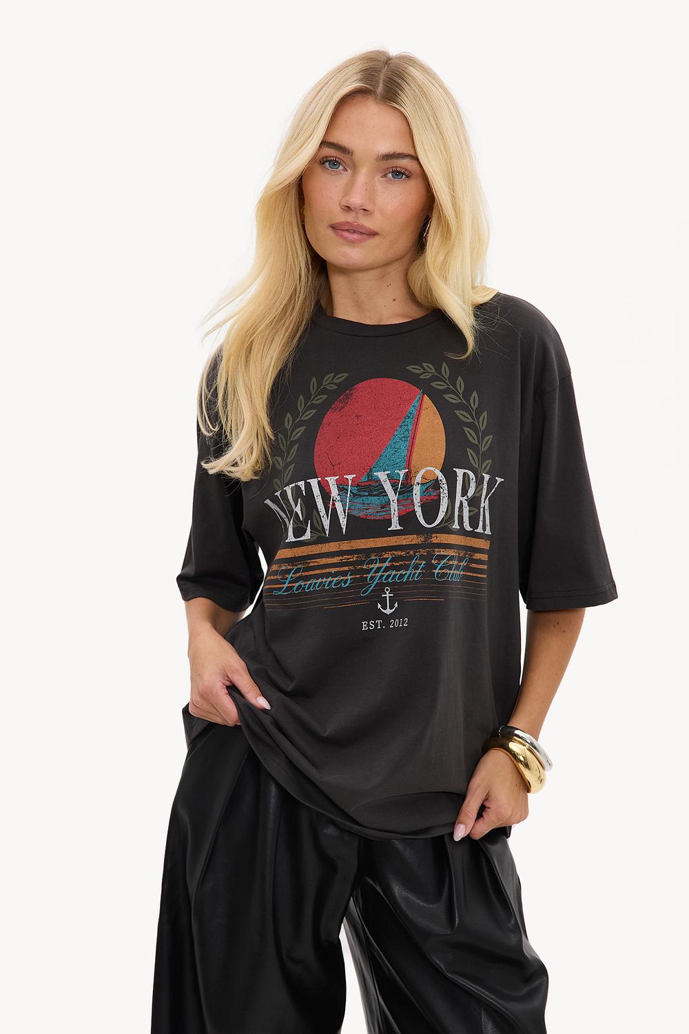 Black T-shirt with text