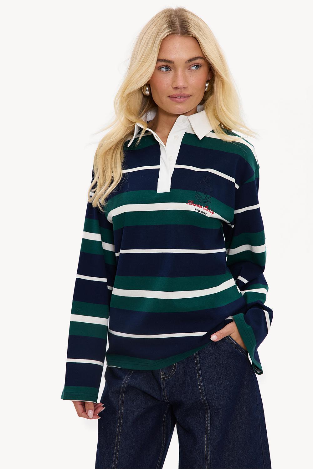 Striped polo shirt with green and dark blue stripes